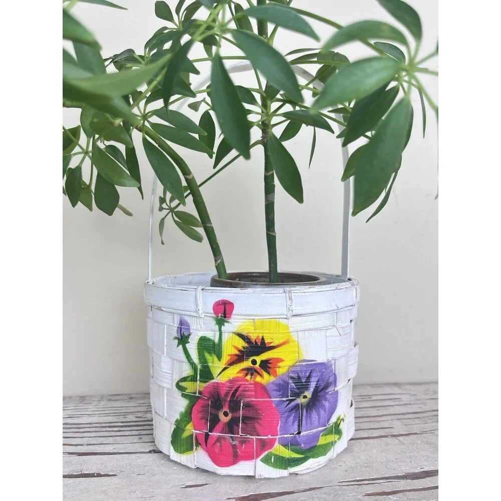 Vintage Hand Painted Flowers Floral Design On White Handled Wicker Basket 10” HK
